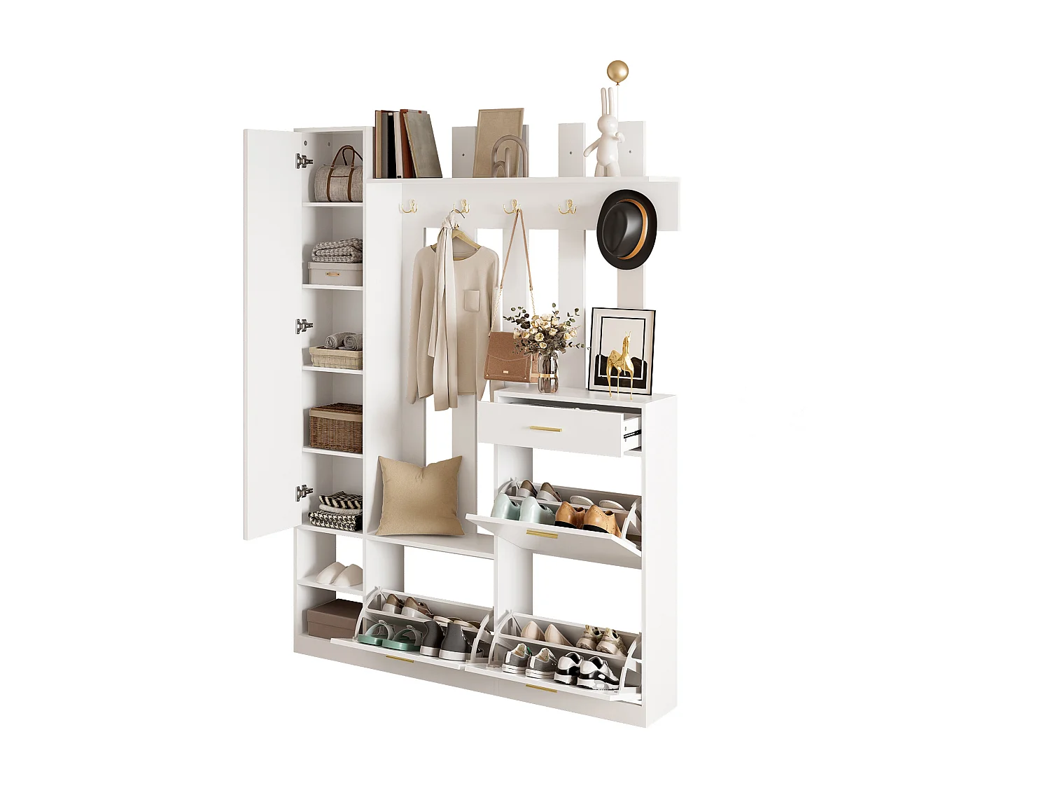 Garderoben-Set für den Eingangsbereich 133x23,5x180m - mit Spiegel und Schuhschrank - mit 1 Schublade und mehreren Haken. - Weiß