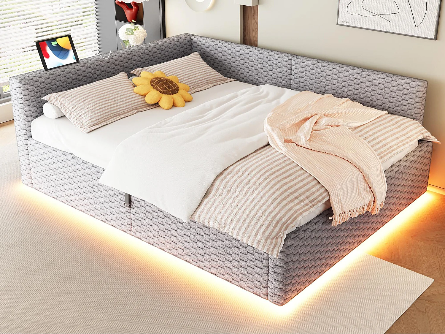 Schlafsofa mit Stauraum 140 x 200 cm - mit LED-Beleuchtung - mit Type-C-Schnittstelle + 2 USB-Anschlüssen - Grau​ (Matratze nicht inbegriffen)