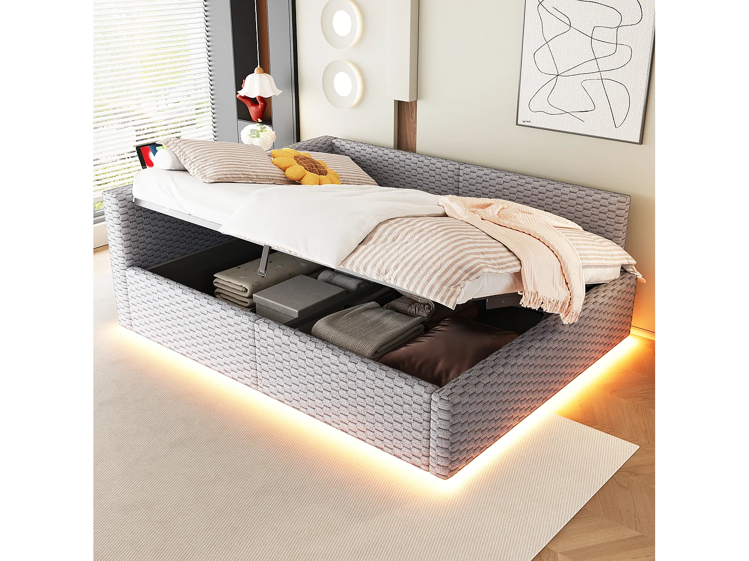 Schlafsofa mit Stauraum 140 x 200 cm - mit LED-Beleuchtung - mit Type-C-Schnittstelle + 2 USB-Anschlüssen - Grau​ (Matratze nicht inbegriffen)