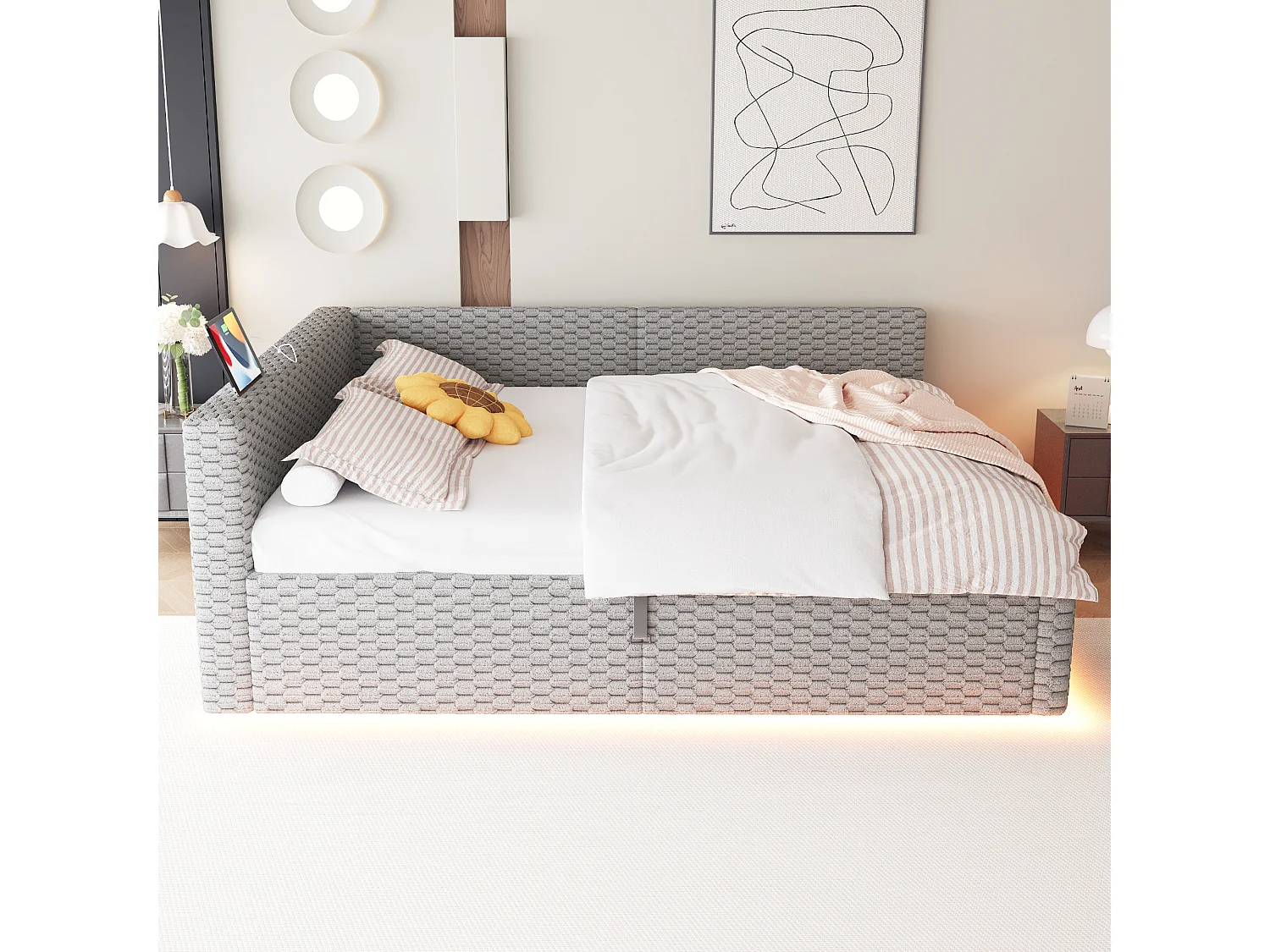 Schlafsofa mit Stauraum 140 x 200 cm - mit LED-Beleuchtung - mit Type-C-Schnittstelle + 2 USB-Anschlüssen - Grau​ (Matratze nicht inbegriffen)