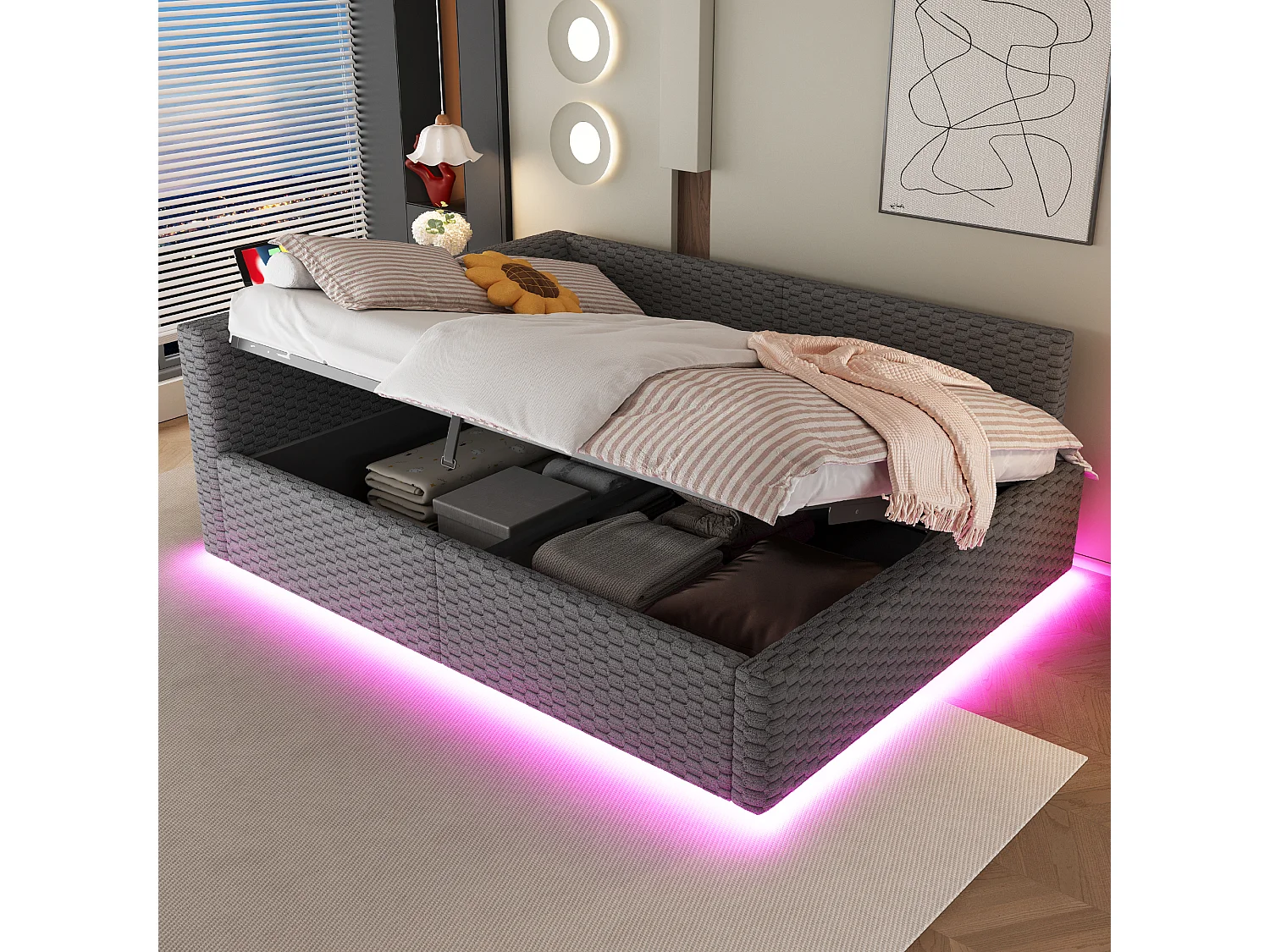Schlafsofa mit Stauraum 140 x 200 cm - mit LED-Beleuchtung - mit Type-C-Schnittstelle + 2 USB-Anschlüssen - Grau​ (Matratze nicht inbegriffen)