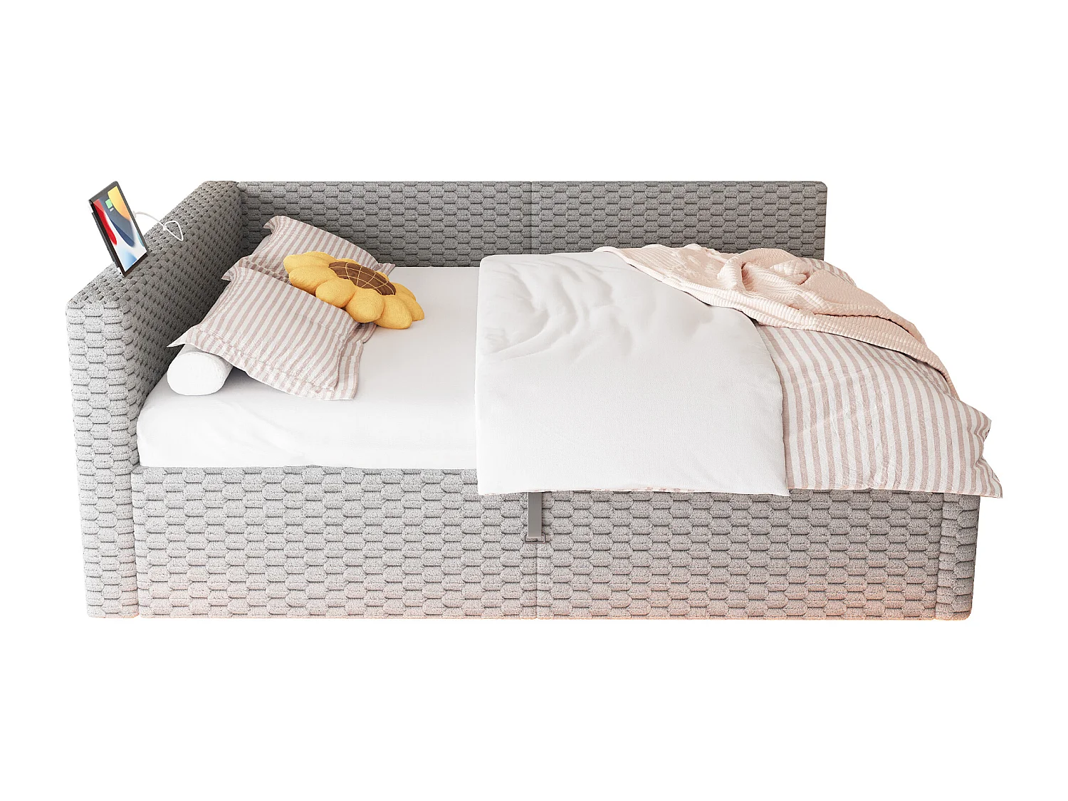 Schlafsofa mit Stauraum 140 x 200 cm - mit LED-Beleuchtung - mit Type-C-Schnittstelle + 2 USB-Anschlüssen - Grau​ (Matratze nicht inbegriffen)