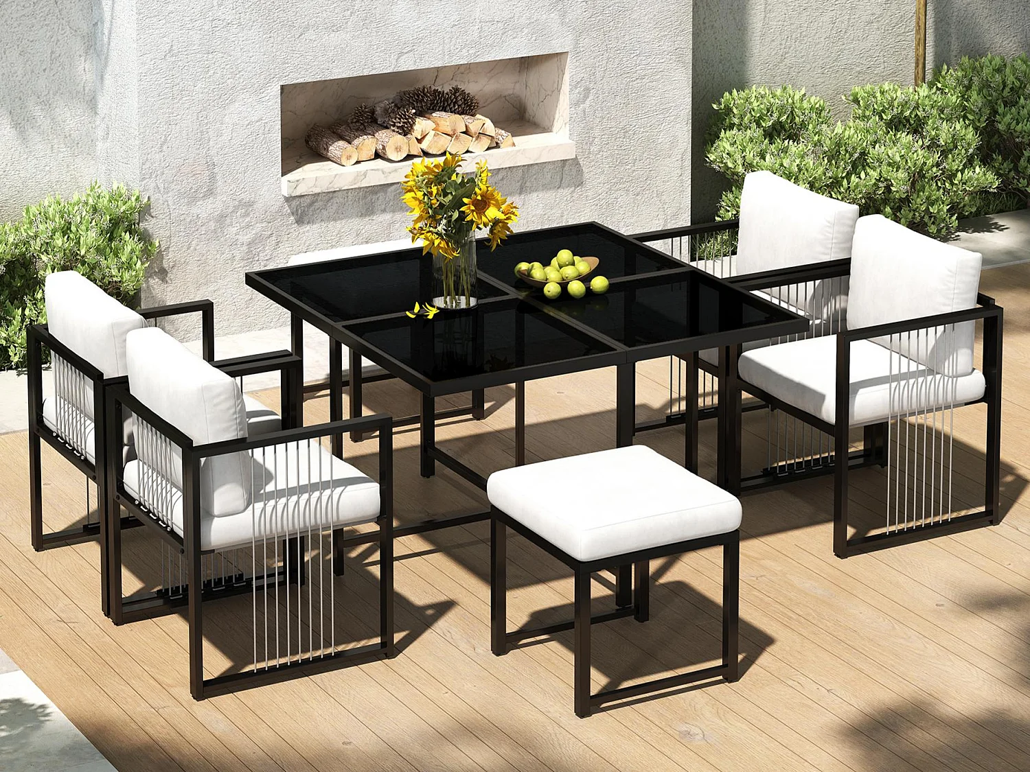 Garten-Esszimmer-Set für 6 Personen, Tisch aus Sicherheitsglas, Gestell aus verzinktem Eisen, 4 Stühle, 2 Hocker, 1 Tisch, Schwarz