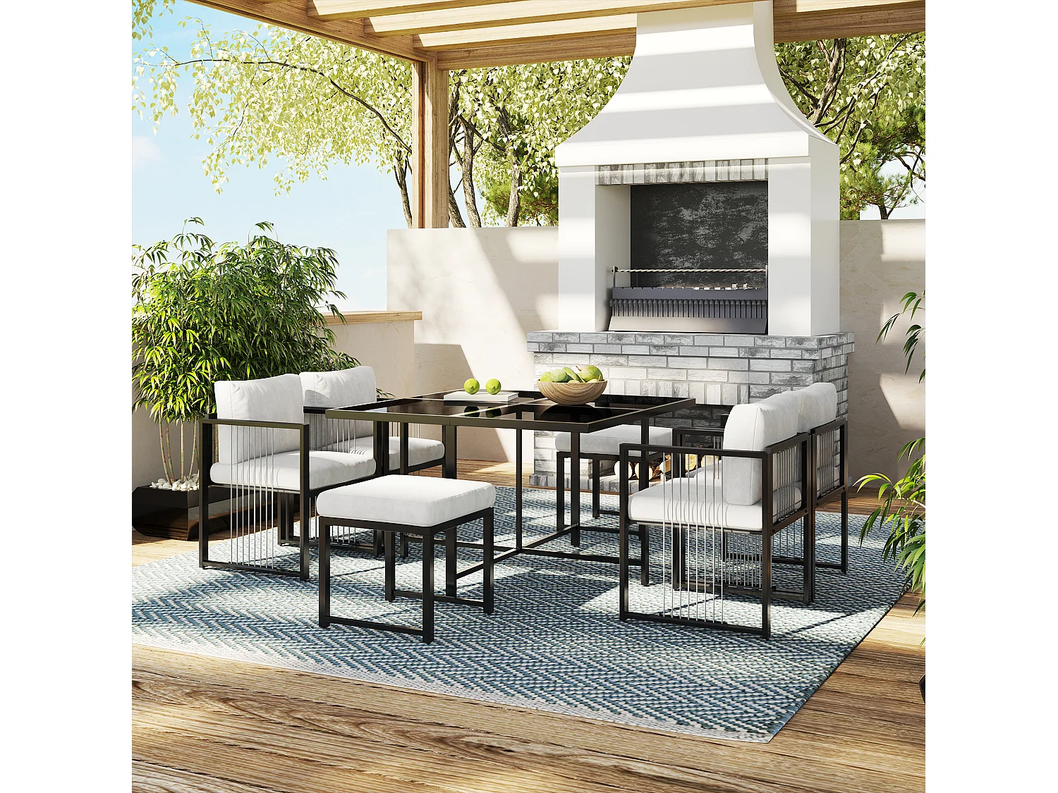 Garten-Esszimmer-Set für 6 Personen, Tisch aus Sicherheitsglas, Gestell aus verzinktem Eisen, 4 Stühle, 2 Hocker, 1 Tisch, Schwarz