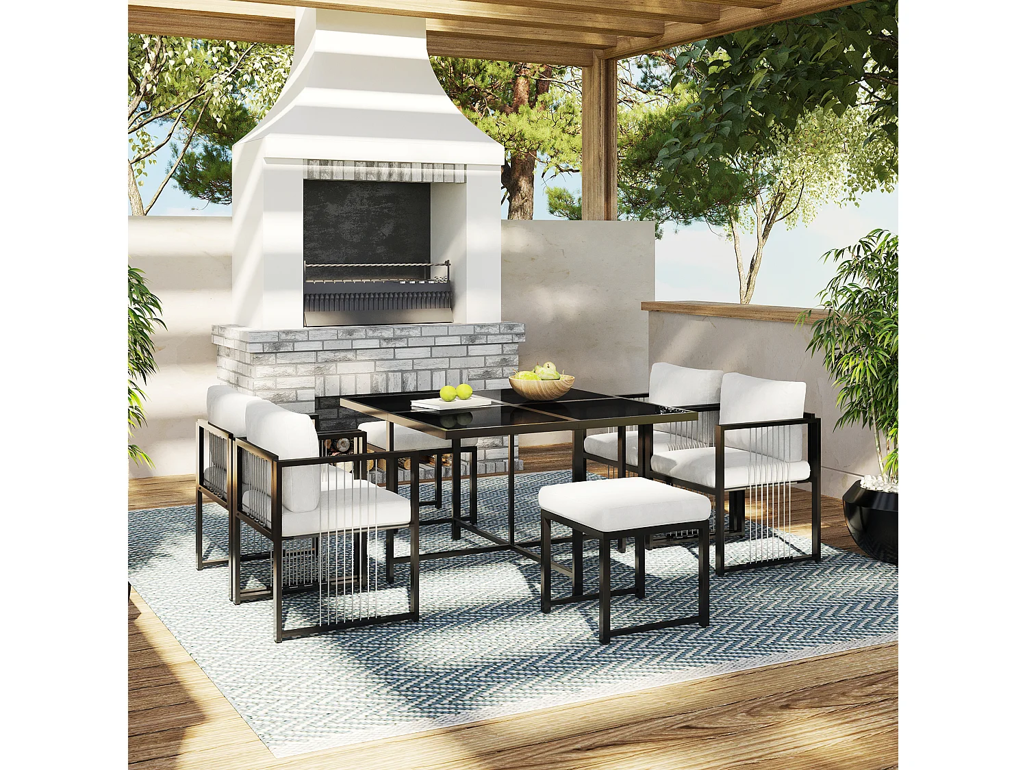 Garten-Esszimmer-Set für 6 Personen, Tisch aus Sicherheitsglas, Gestell aus verzinktem Eisen, 4 Stühle, 2 Hocker, 1 Tisch, Schwarz