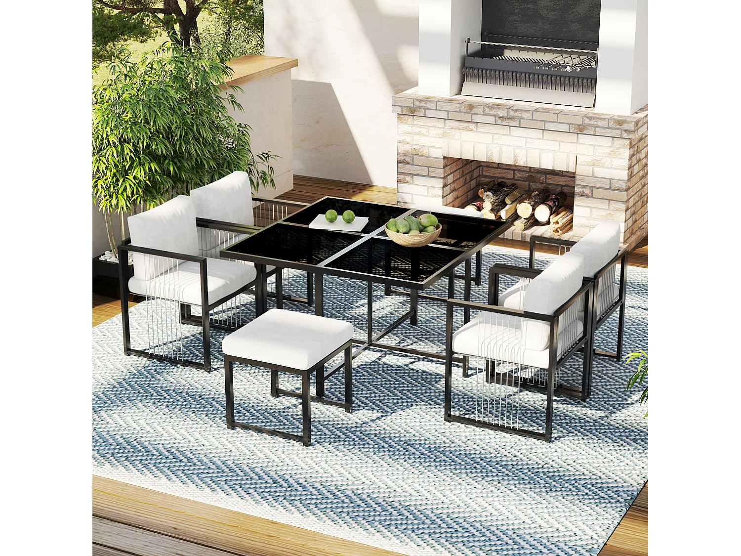Garten-Esszimmer-Set für 6 Personen, Tisch aus Sicherheitsglas, Gestell aus verzinktem Eisen, 4 Stühle, 2 Hocker, 1 Tisch, Schwarz