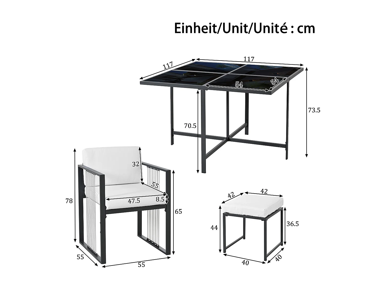 Garten-Esszimmer-Set für 6 Personen, Tisch aus Sicherheitsglas, Gestell aus verzinktem Eisen, 4 Stühle, 2 Hocker, 1 Tisch, Schwarz