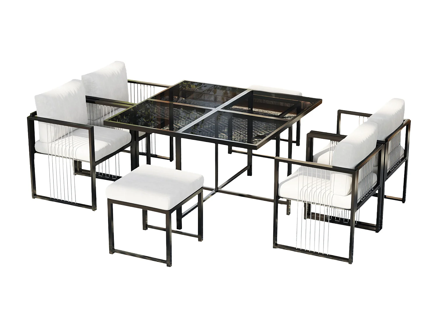Garten-Esszimmer-Set für 6 Personen, Tisch aus Sicherheitsglas, Gestell aus verzinktem Eisen, 4 Stühle, 2 Hocker, 1 Tisch, Schwarz