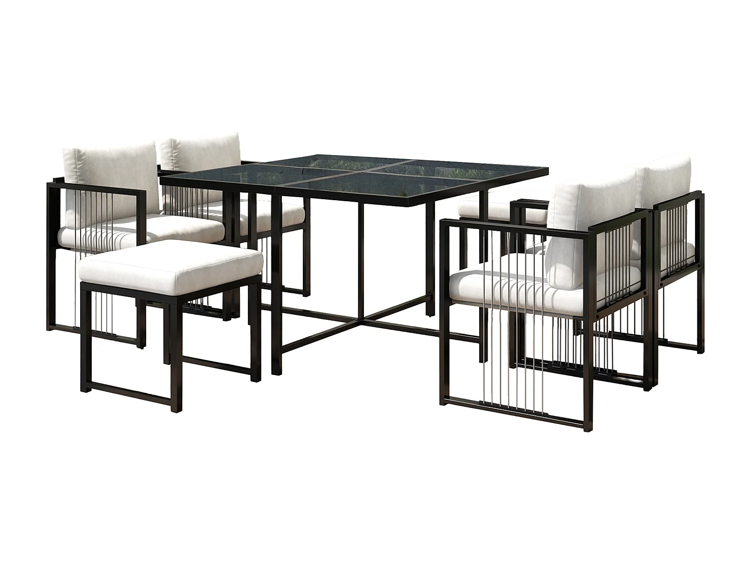 Garten-Esszimmer-Set für 6 Personen, Tisch aus Sicherheitsglas, Gestell aus verzinktem Eisen, 4 Stühle, 2 Hocker, 1 Tisch, Schwarz