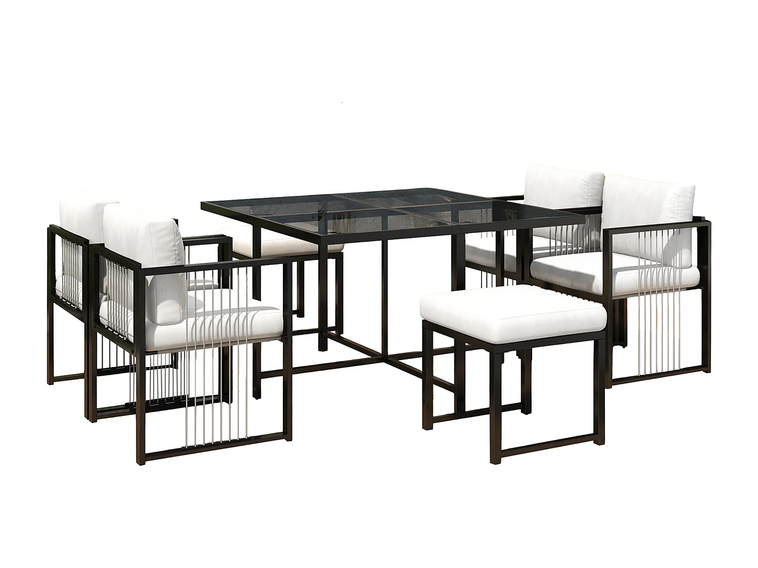Garten-Esszimmer-Set für 6 Personen, Tisch aus Sicherheitsglas, Gestell aus verzinktem Eisen, 4 Stühle, 2 Hocker, 1 Tisch, Schwarz