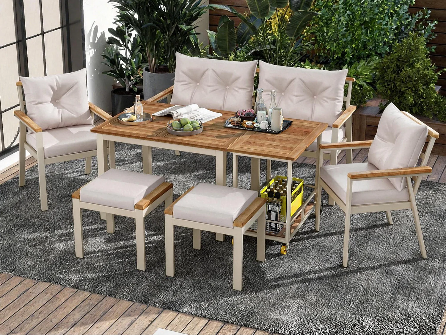 Ensemble de salle à manger de jardin pour 6 personnes - 4 fauteuils - 1 table - 2 tabourets - fer galvanisé - tissu déhoussable et lavable - beige