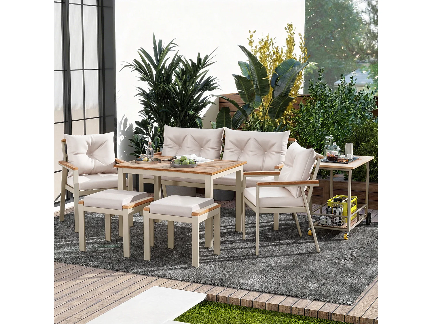 Ensemble de salle à manger de jardin pour 6 personnes - 4 fauteuils - 1 table - 2 tabourets - fer galvanisé - tissu déhoussable et lavable - beige