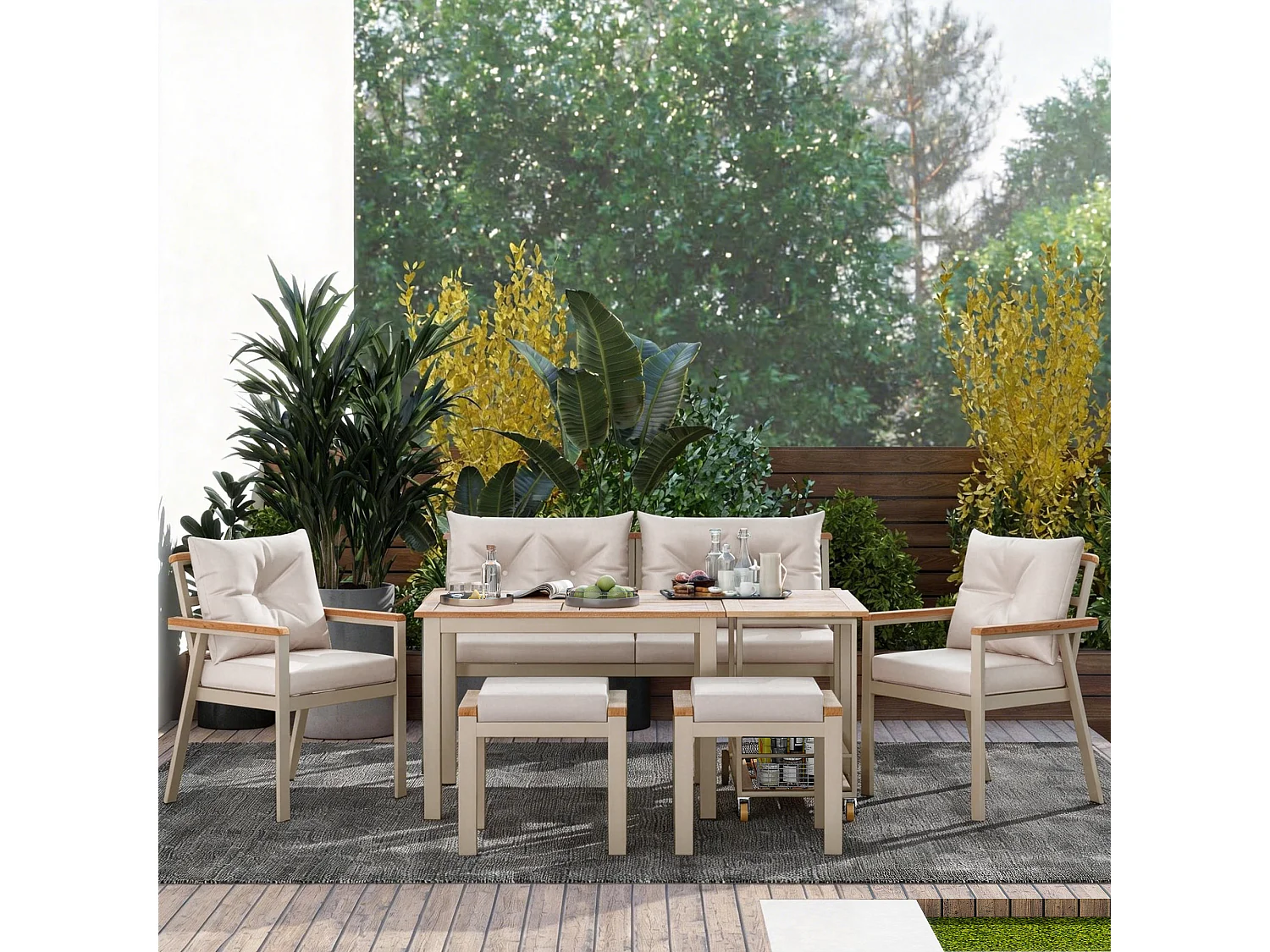 Ensemble de salle à manger de jardin pour 6 personnes - 4 fauteuils - 1 table - 2 tabourets - fer galvanisé - tissu déhoussable et lavable - beige