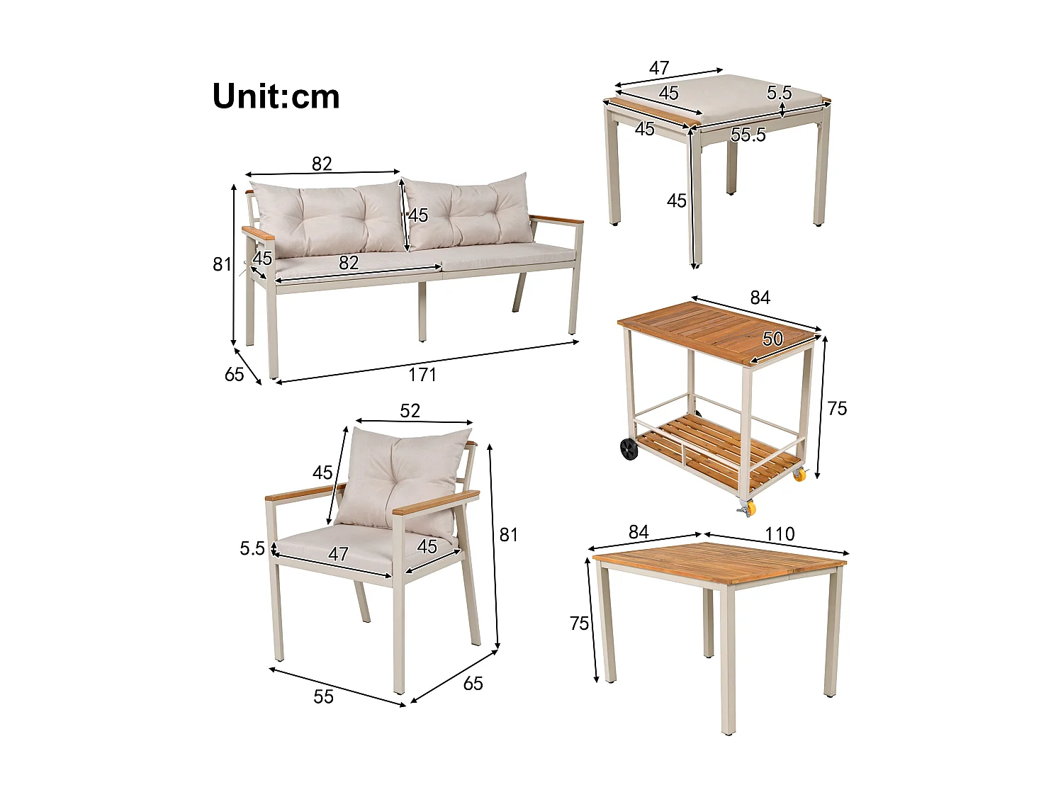 Ensemble de salle à manger de jardin pour 6 personnes - 4 fauteuils - 1 table - 2 tabourets - fer galvanisé - tissu déhoussable et lavable - beige