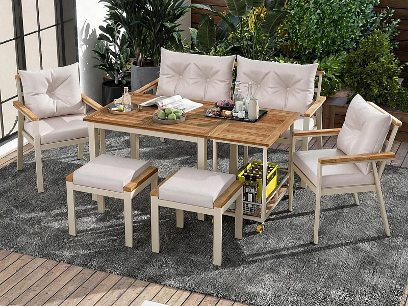 Ensemble de salle à manger de jardin pour 6 personnes - 4 fauteuils - 1 table - 2 tabourets - fer galvanisé - tissu déhoussable et lavable - beige