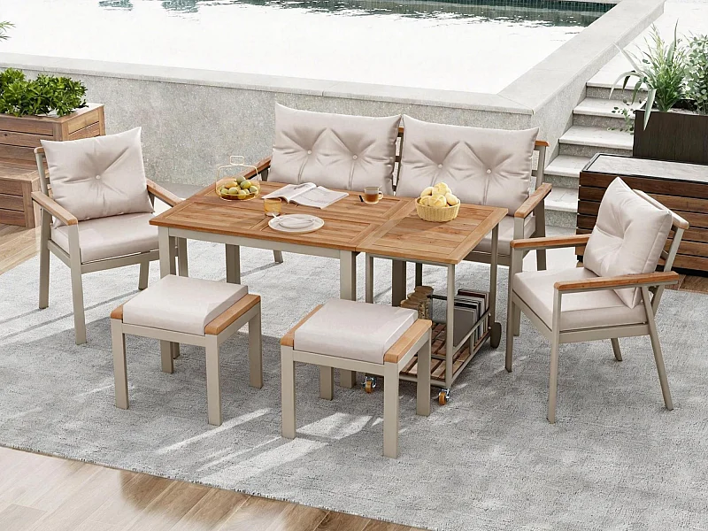 Tuin eetkamer set voor 6 personen - 4 fauteuils - 1 tafel - 2 krukken - gegalvaniseerd ijzer - afneembare en wasbare stof - beige