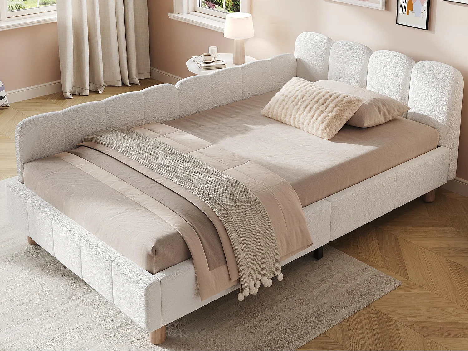 Lit enfant capitonné 90x200cm - avec tête de lit capitonnée et barrières de sécurité - pieds en bois massif - tissu bouclé - beige