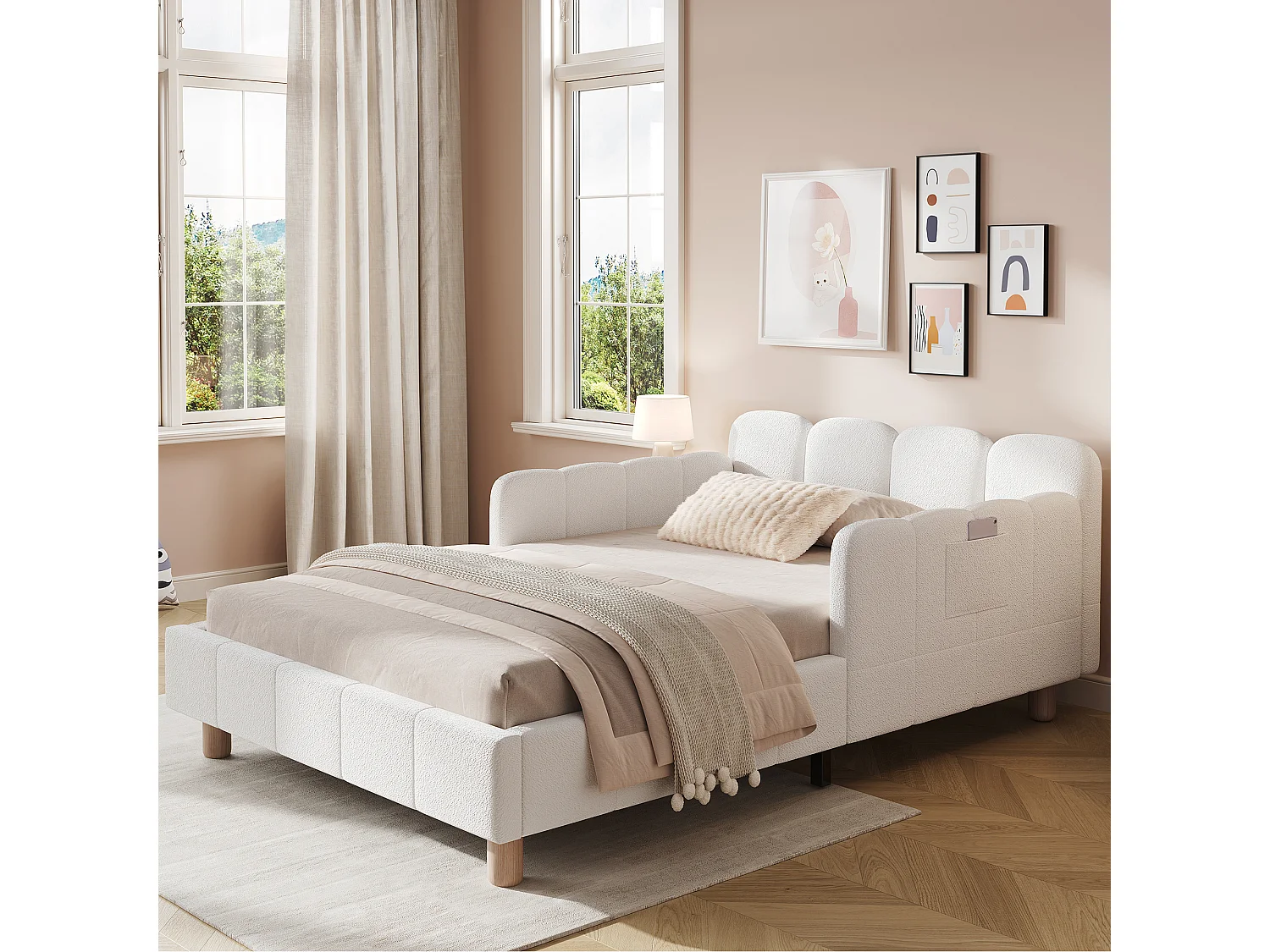 Lit enfant capitonné 90x200cm - avec tête de lit capitonnée et barrières de sécurité - pieds en bois massif - tissu bouclé - beige