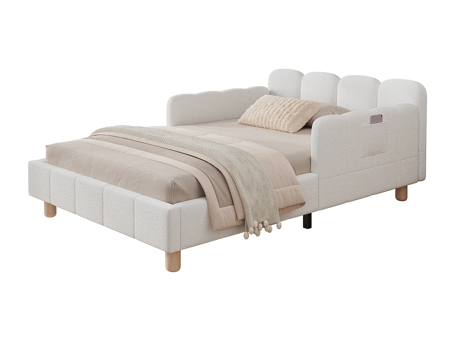 Lit enfant capitonné 90x200cm - avec tête de lit capitonnée et barrières de sécurité - pieds en bois massif - tissu bouclé - beige