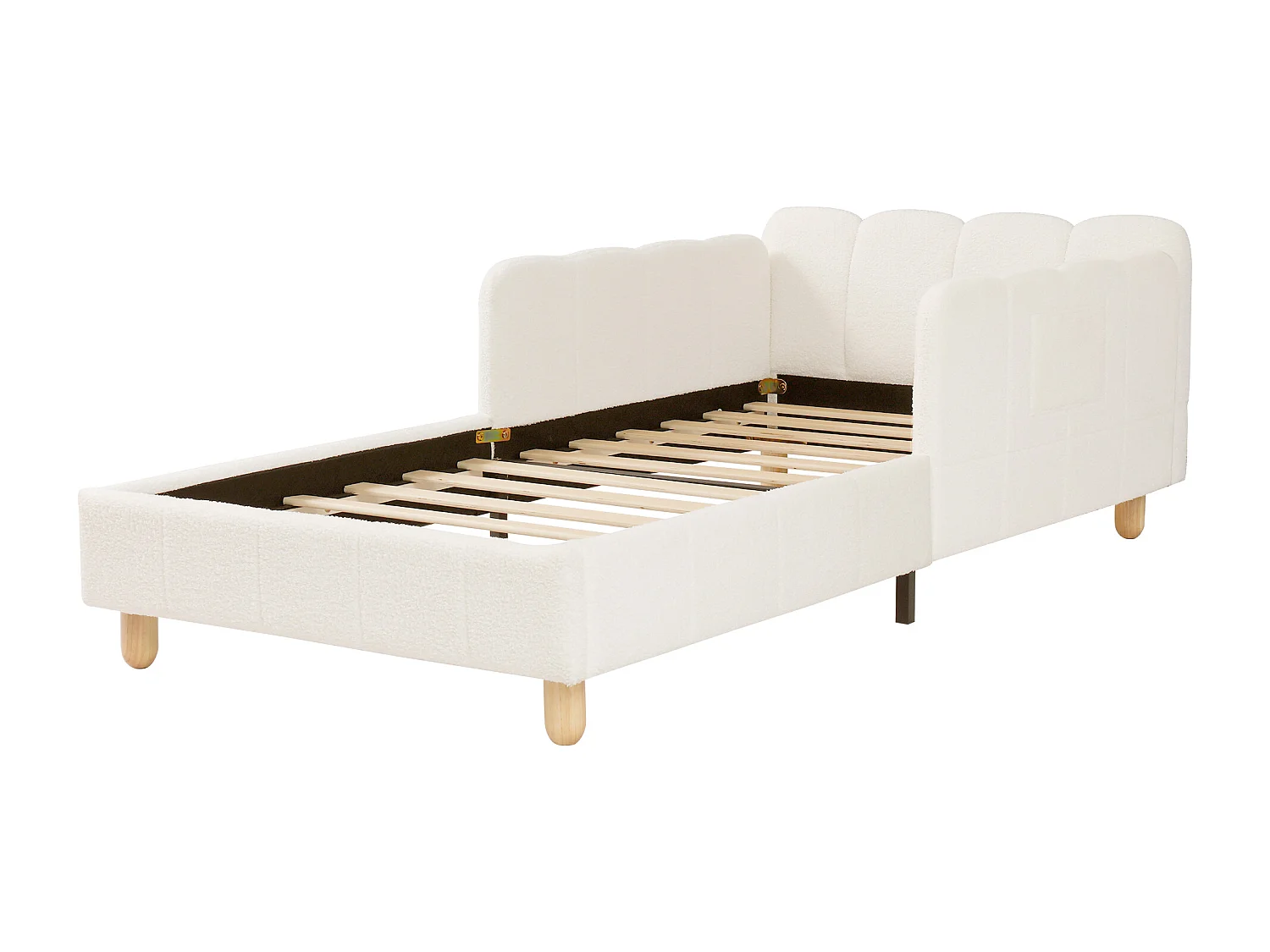 Lit enfant capitonné 90x200cm - avec tête de lit capitonnée et barrières de sécurité - pieds en bois massif - tissu bouclé - beige