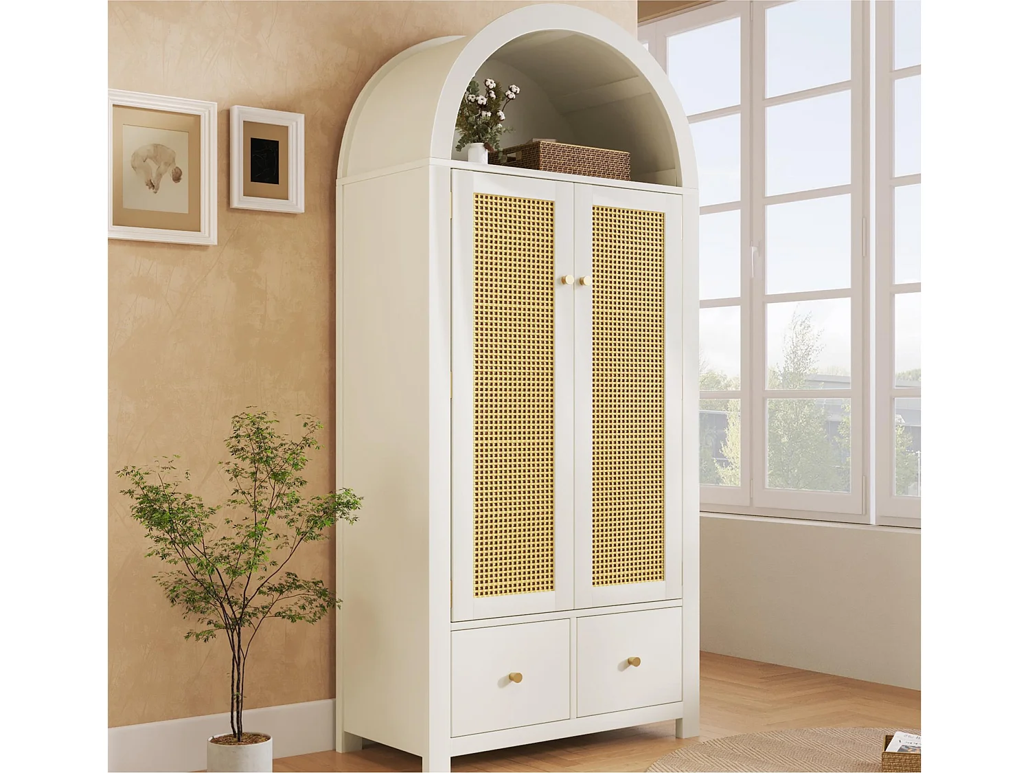 Schrank 78x45x181cm - Offene Regale und Kleiderstangen - mit 2 Rattantüren und 2 Schubladen - rustikaler Stil - weiß