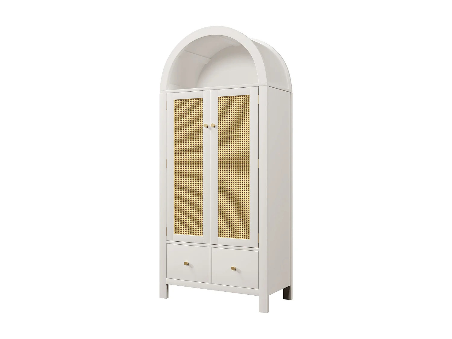 Schrank 78x45x181cm - Offene Regale und Kleiderstangen - mit 2 Rattantüren und 2 Schubladen - rustikaler Stil - weiß