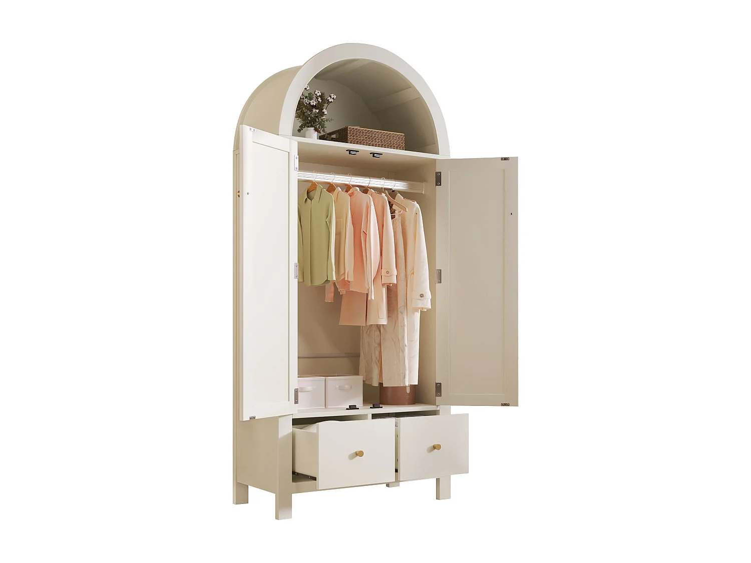 Schrank 78x45x181cm - Offene Regale und Kleiderstangen - mit 2 Rattantüren und 2 Schubladen - rustikaler Stil - weiß