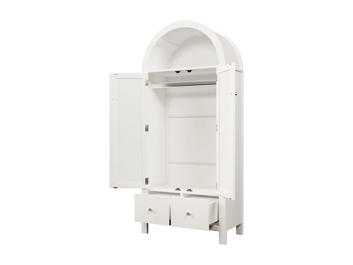 Schrank 78x45x181cm - Offene Regale und Kleiderstangen - mit 2 Rattantüren und 2 Schubladen - rustikaler Stil - weiß