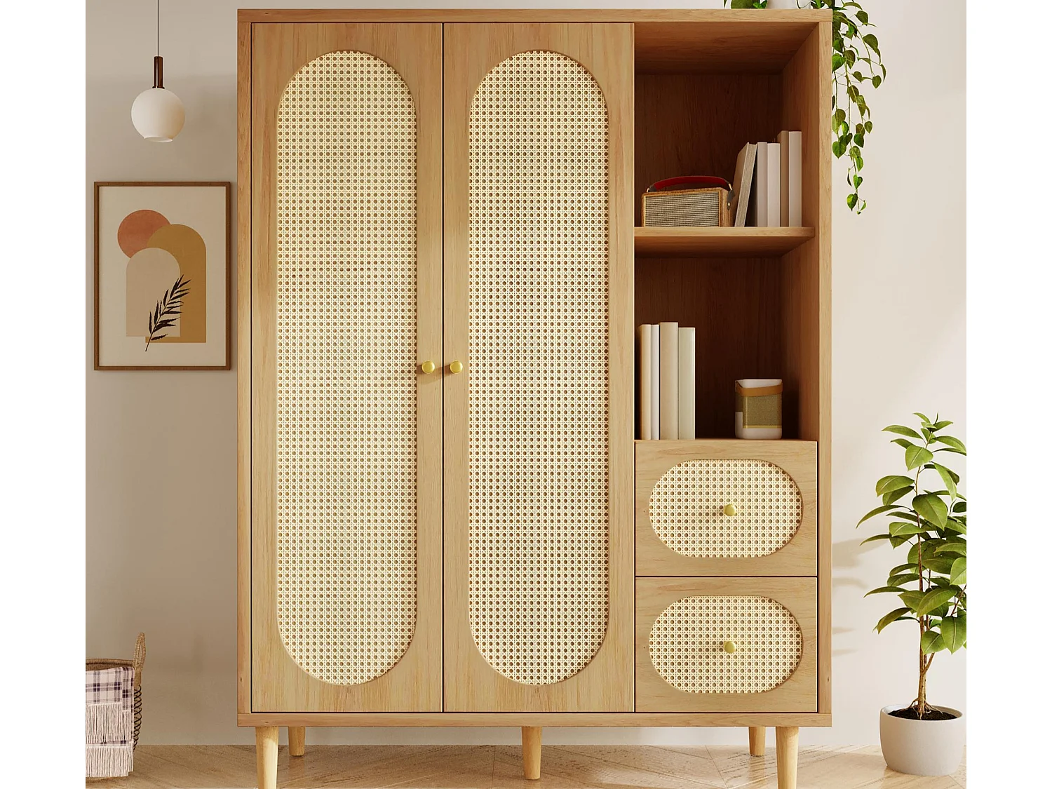 Schrank 120x44x161cm - Offene Regale und Kleiderstangen - mit 2 Rattantüren und 2 Rattanschubladen - rustikaler Stil - Eichenfarbe