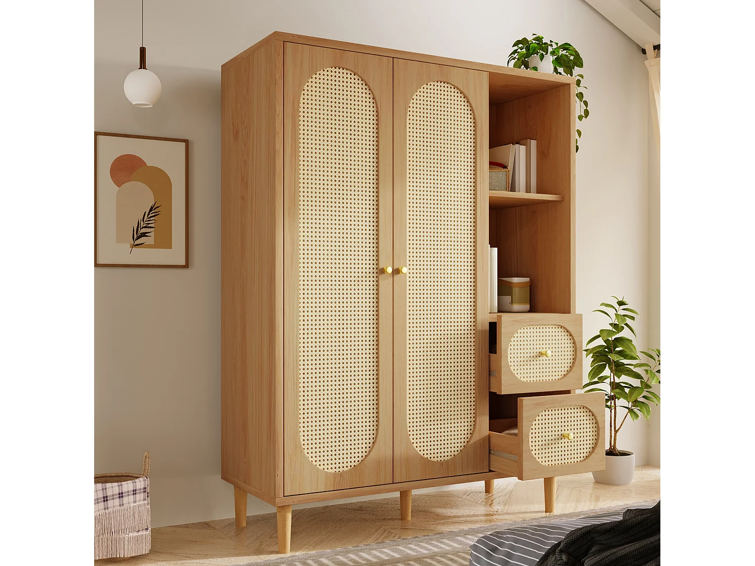 Schrank 120x44x161cm - Offene Regale und Kleiderstangen - mit 2 Rattantüren und 2 Rattanschubladen - rustikaler Stil - Eichenfarbe