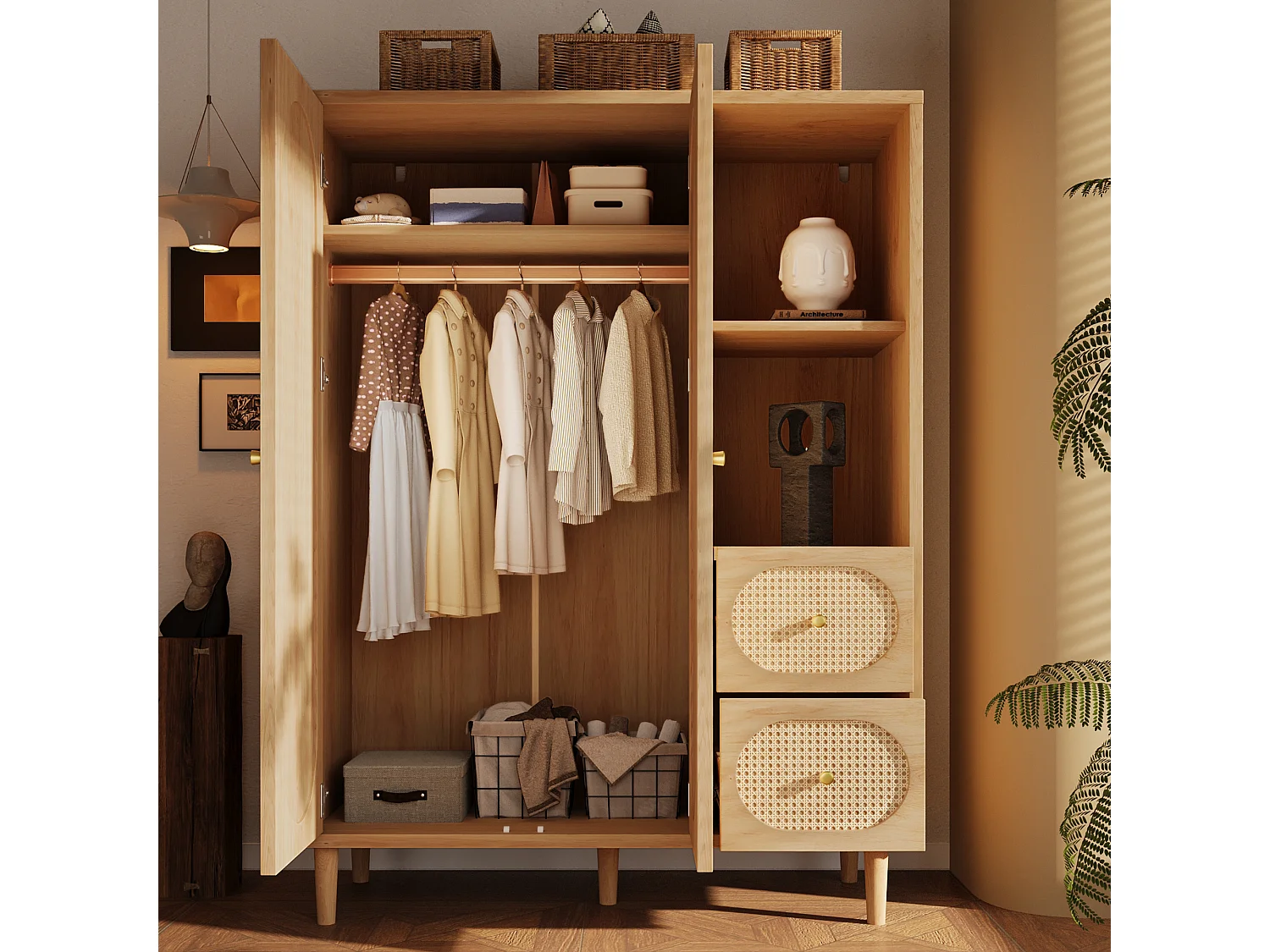 Schrank 120x44x161cm - Offene Regale und Kleiderstangen - mit 2 Rattantüren und 2 Rattanschubladen - rustikaler Stil - Eichenfarbe