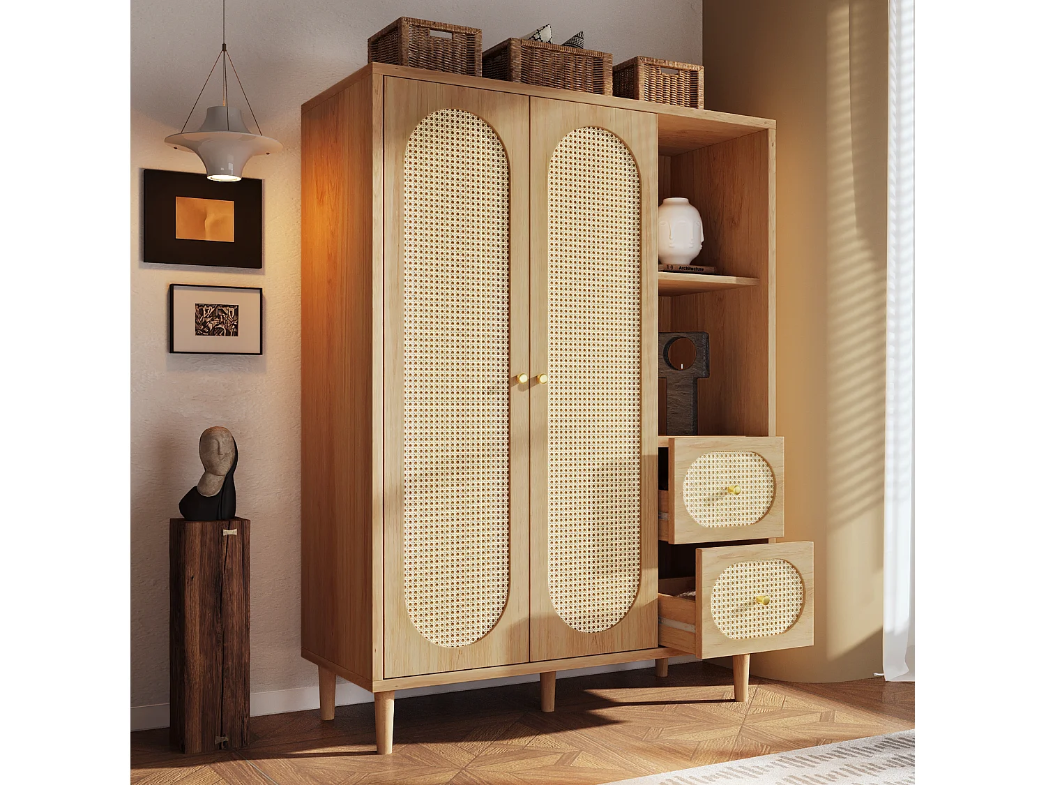 Schrank 120x44x161cm - Offene Regale und Kleiderstangen - mit 2 Rattantüren und 2 Rattanschubladen - rustikaler Stil - Eichenfarbe