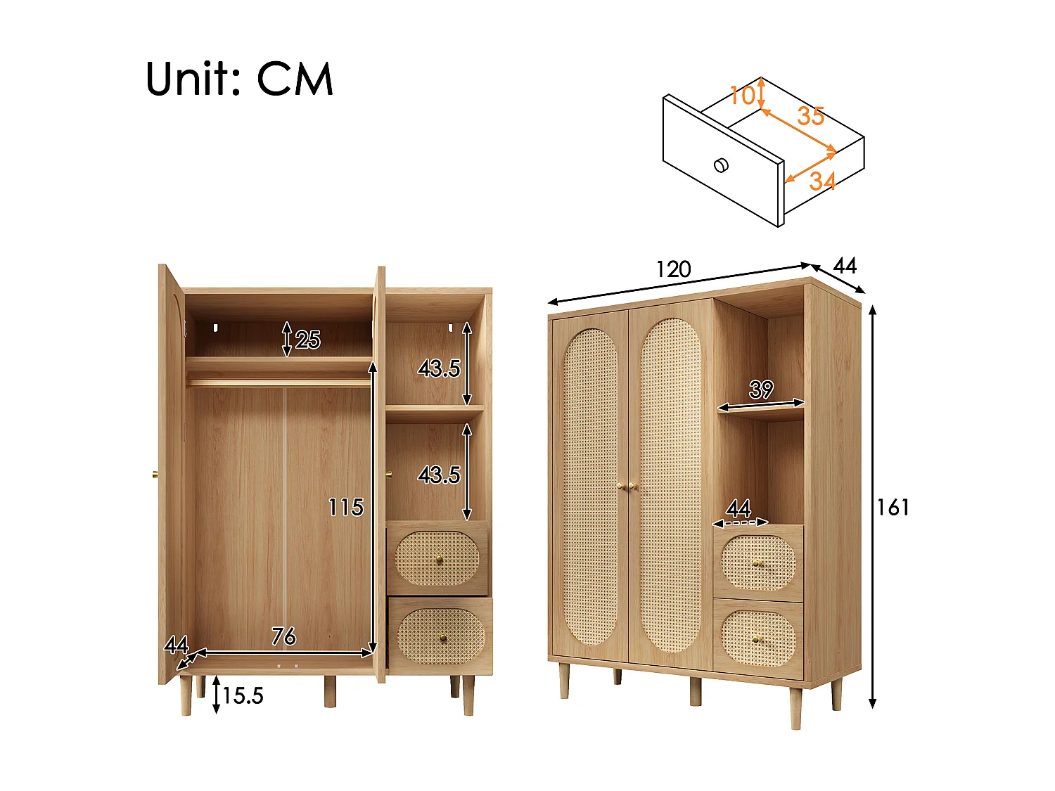 Schrank 120x44x161cm - Offene Regale und Kleiderstangen - mit 2 Rattantüren und 2 Rattanschubladen - rustikaler Stil - Eichenfarbe