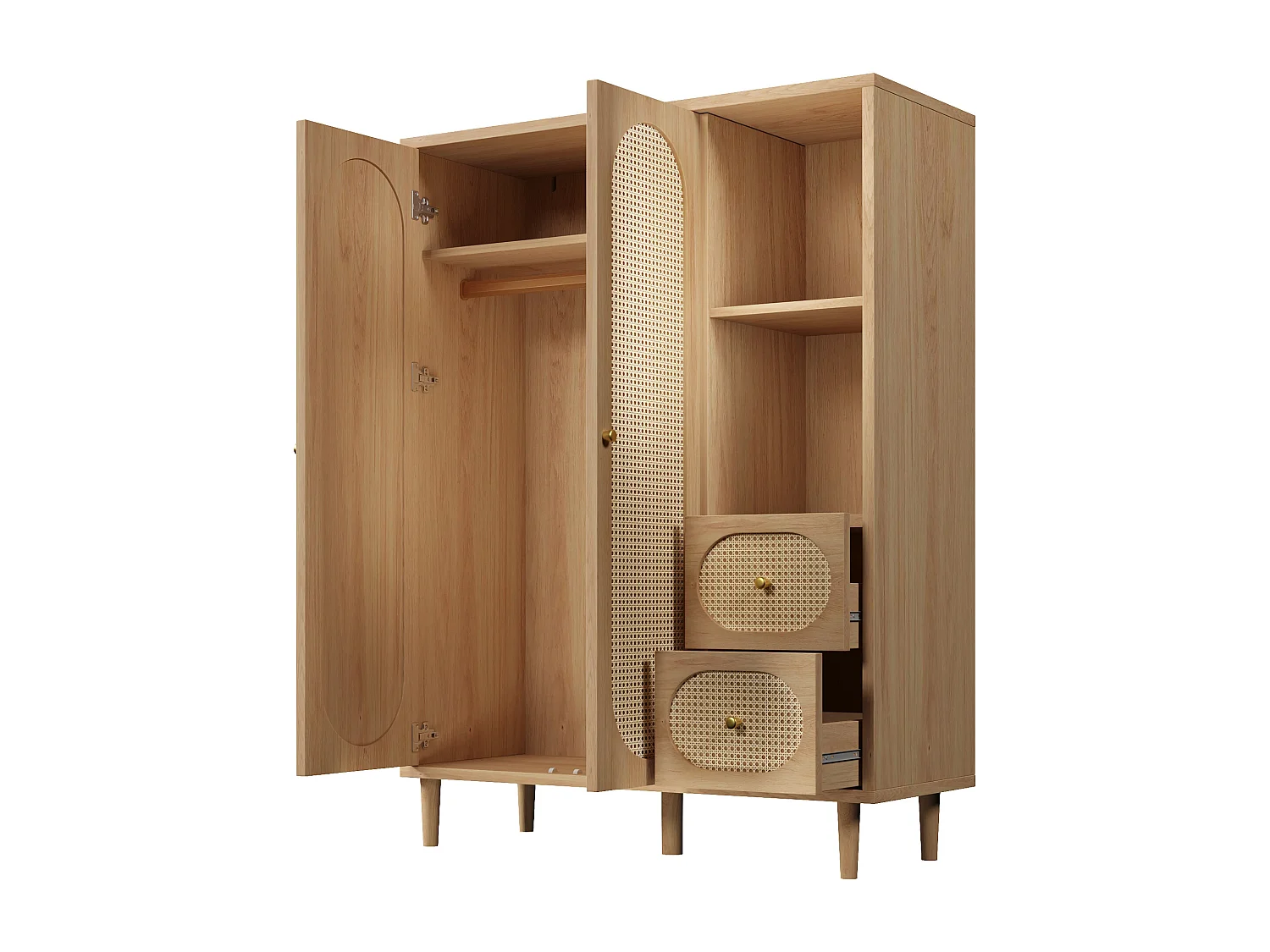 Schrank 120x44x161cm - Offene Regale und Kleiderstangen - mit 2 Rattantüren und 2 Rattanschubladen - rustikaler Stil - Eichenfarbe