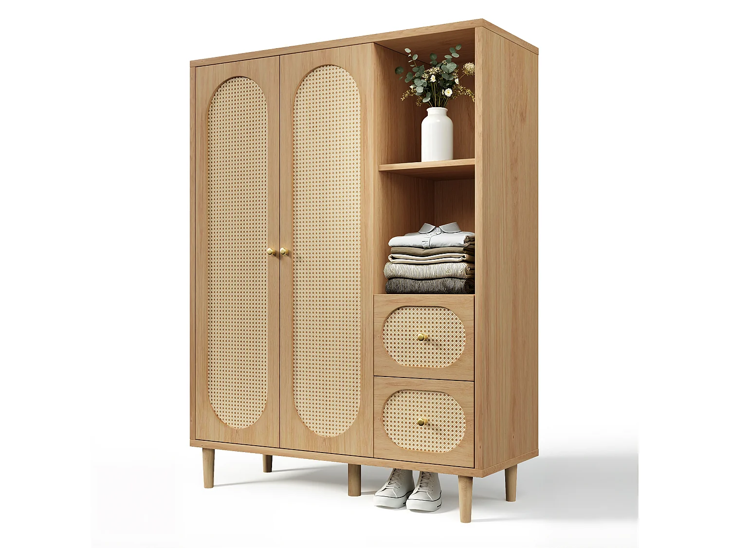 Schrank 120x44x161cm - Offene Regale und Kleiderstangen - mit 2 Rattantüren und 2 Rattanschubladen - rustikaler Stil - Eichenfarbe