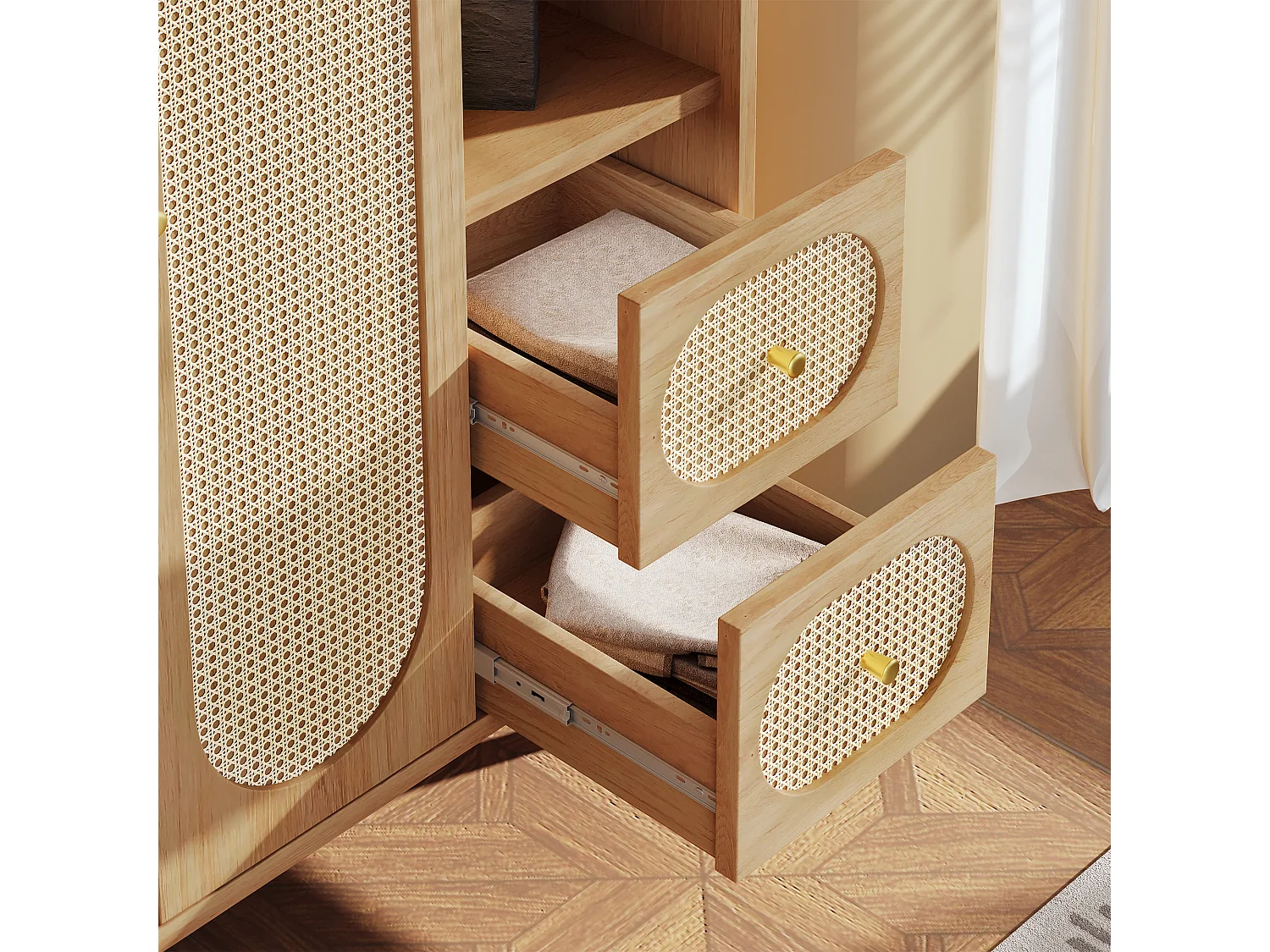 Schrank 120x44x161cm - Offene Regale und Kleiderstangen - mit 2 Rattantüren und 2 Rattanschubladen - rustikaler Stil - Eichenfarbe