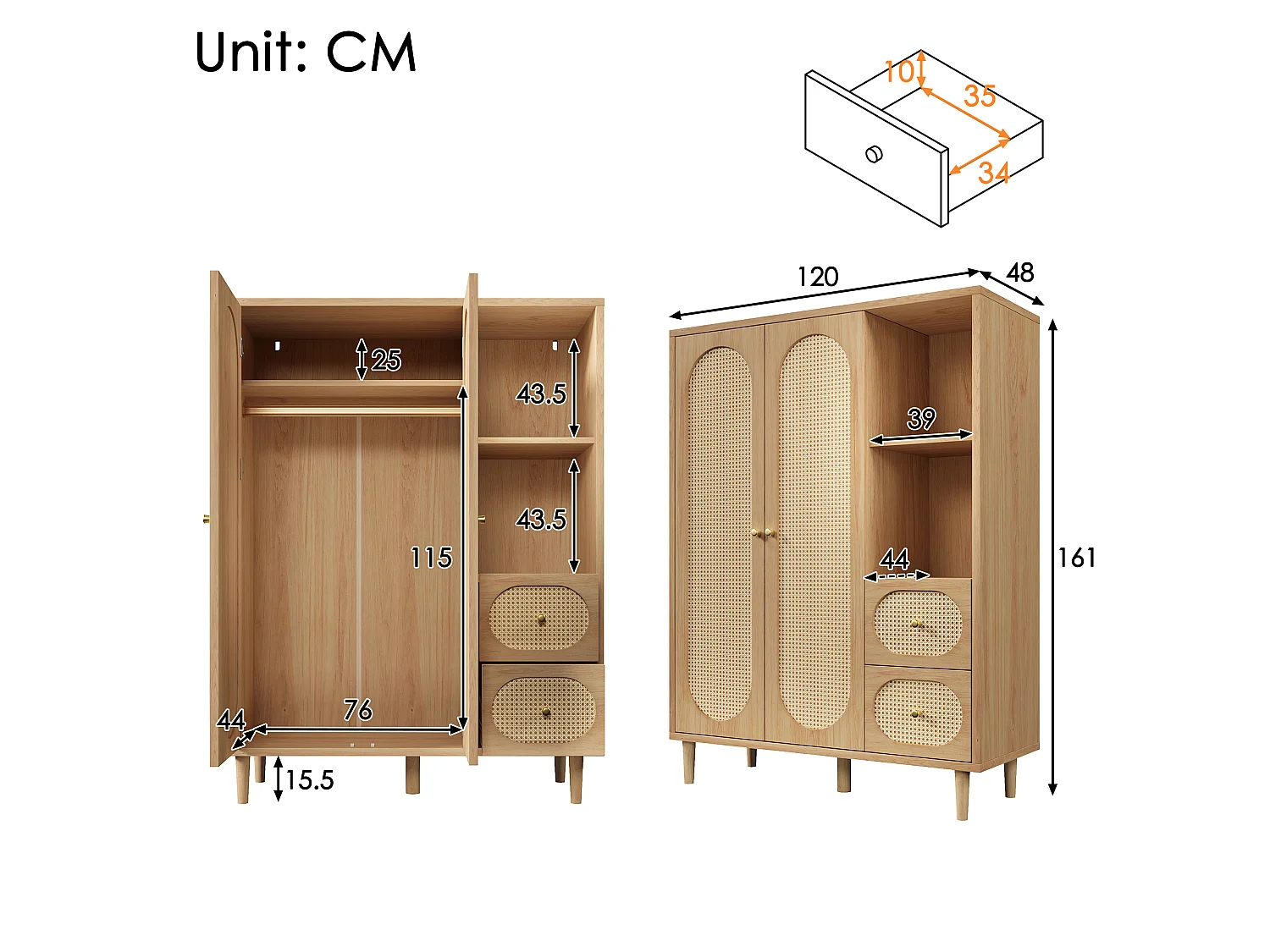 Armário 120x48x161cm - Prateleiras abertas e varas de roupa - con 2 portas de rattan e 2 gavetas de rattan - estilo rústico - cor carvalho