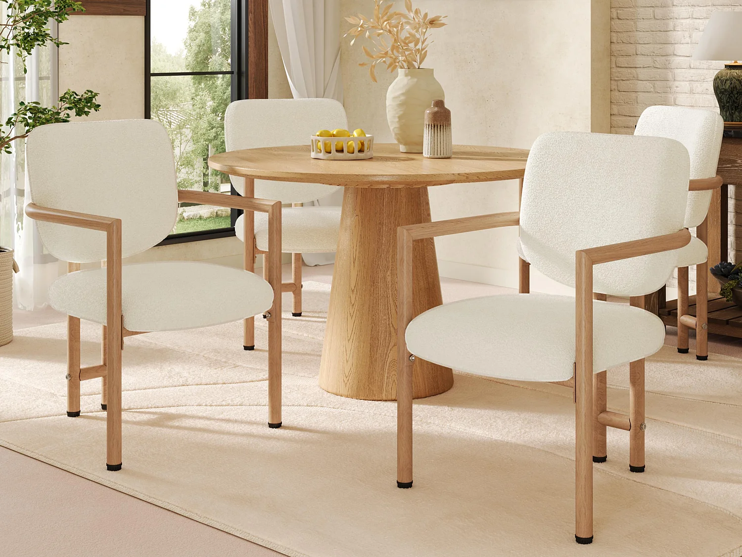 Set van 4 metalen stoelen in houtlook - Met armleuningen - Metalen frame - Bouclé stof beige - Natuurlijke kleur