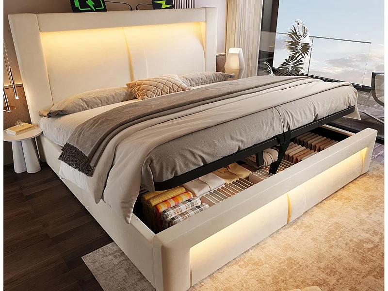 Gestoffeerd bed met opbergruimte 140x200cm - met LED-verlichting - met USB- en Type-C-poorten - fluweel - Beige​ (zonder matras)