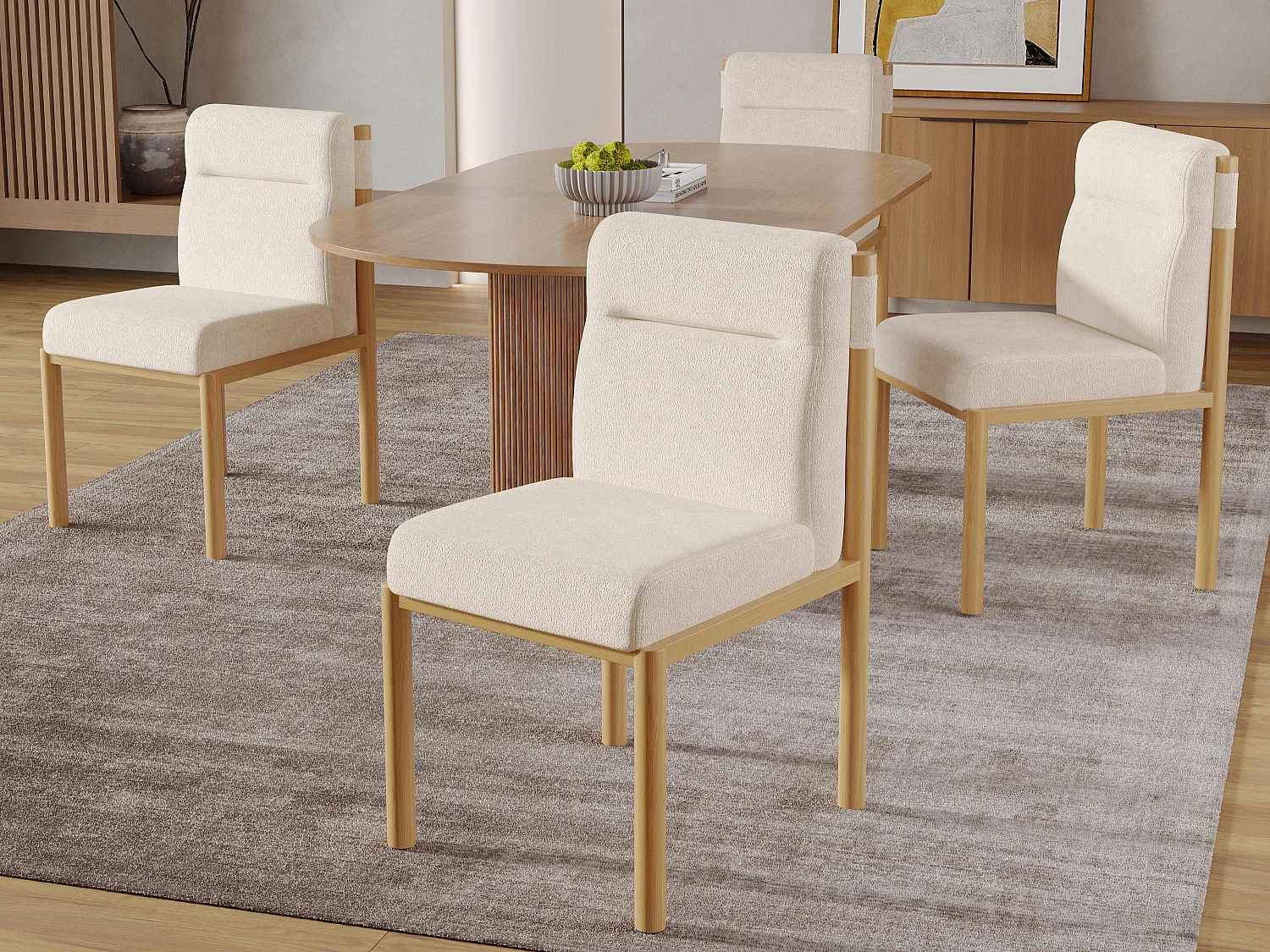 Set van 4 metalen stoelen - Eiken afwerking - Dik zitkussen - weefsel van lamswol - Beige
