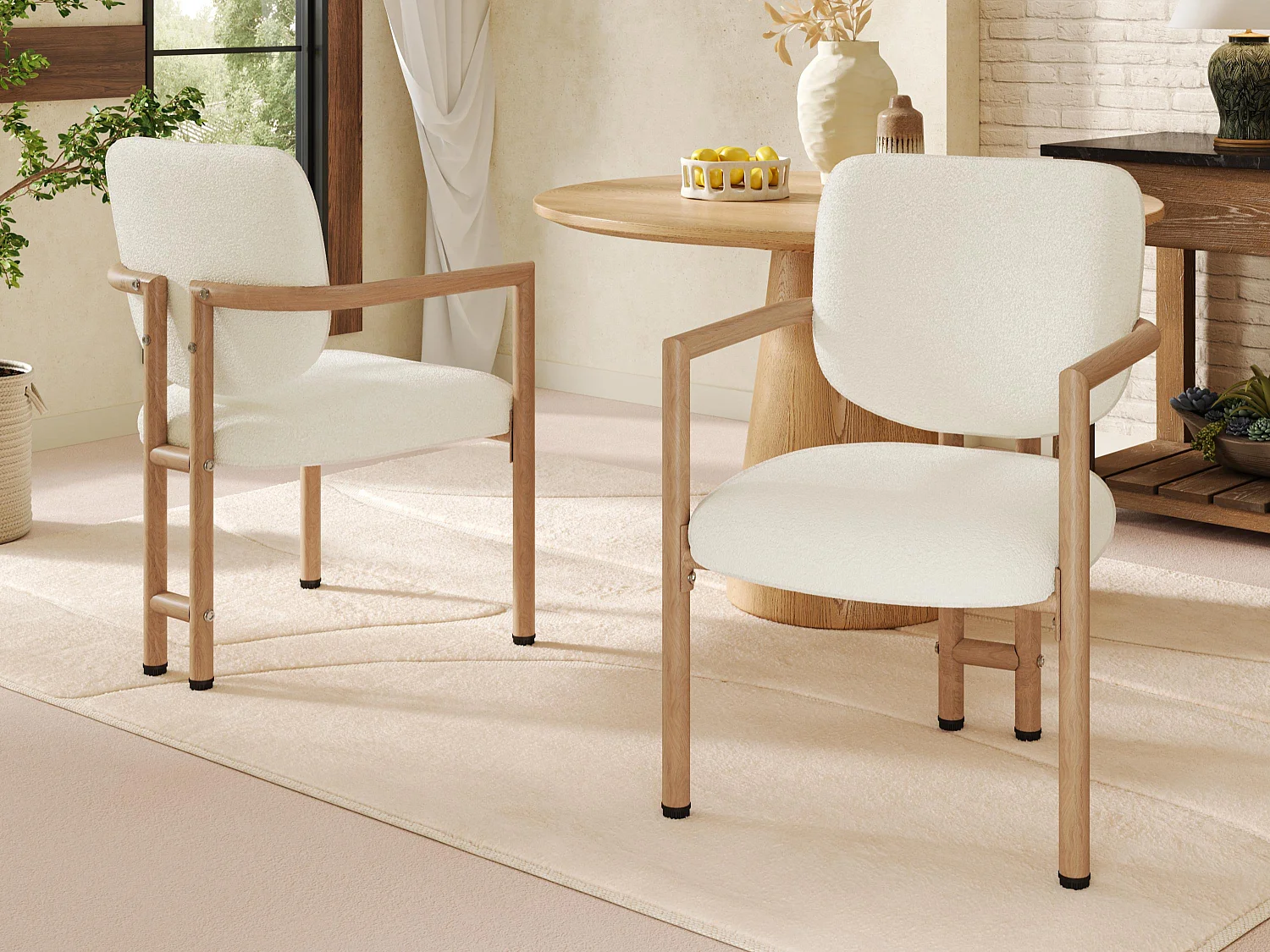 Set van 2 metalen stoelen in houtlook - Met armleuningen - Metalen frame - Bouclé stof beige - Natuurlijke kleur