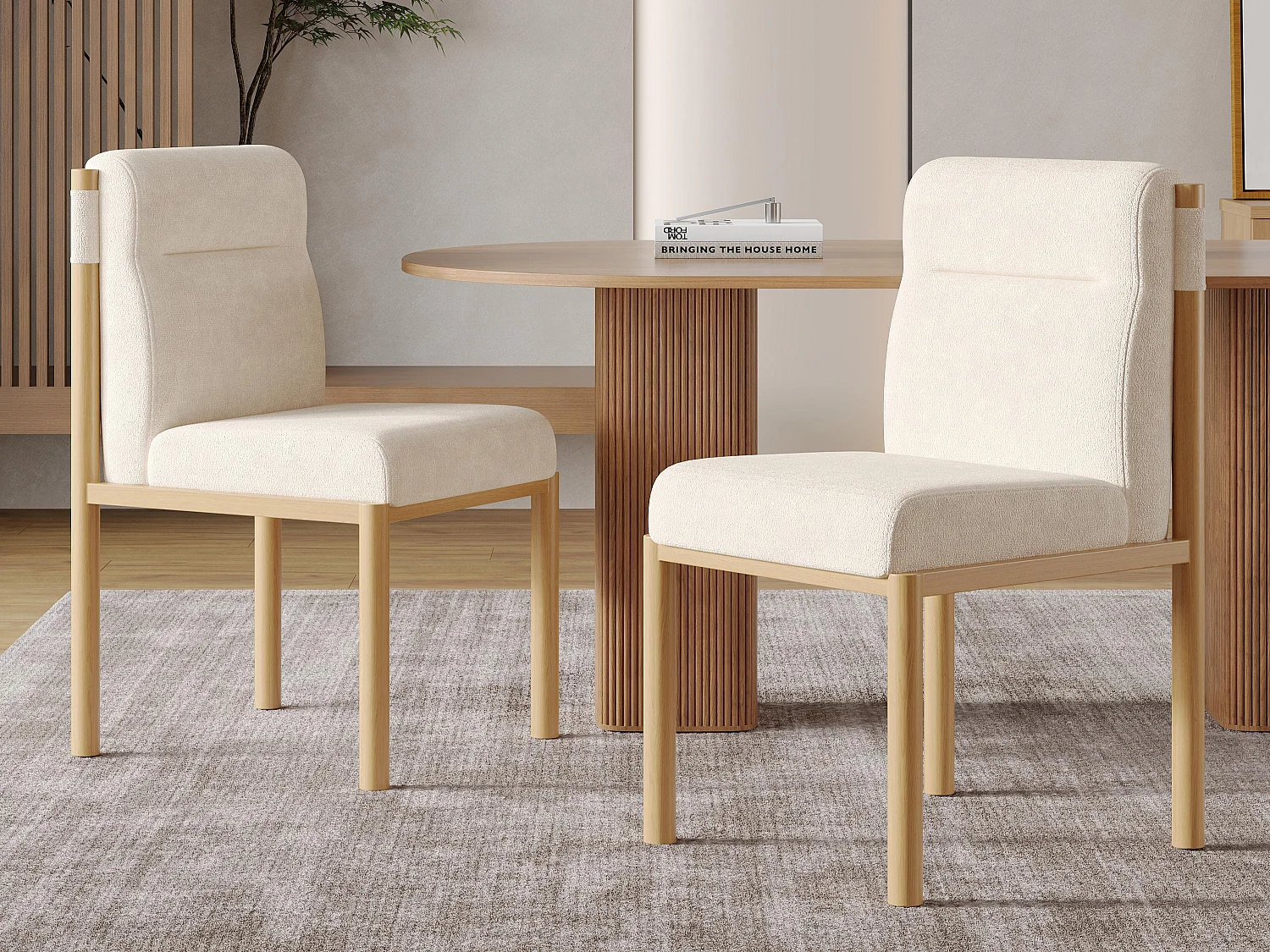 Set van 2 metalen stoelen - Eiken afwerking - Dik zitkussen - weefsel van lamswol - Beige