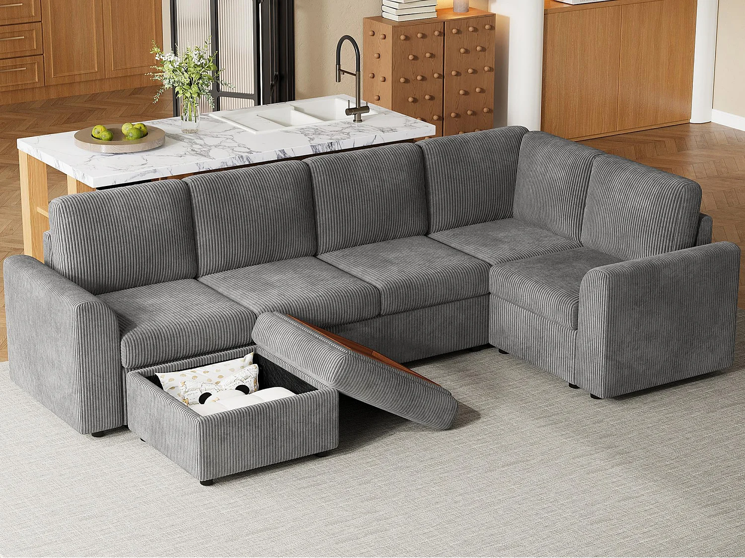 Canapé d'angle en chenille en forme de L - avec accoudoirs - avec 1 repose-pieds multifonctionnel portable - Gris