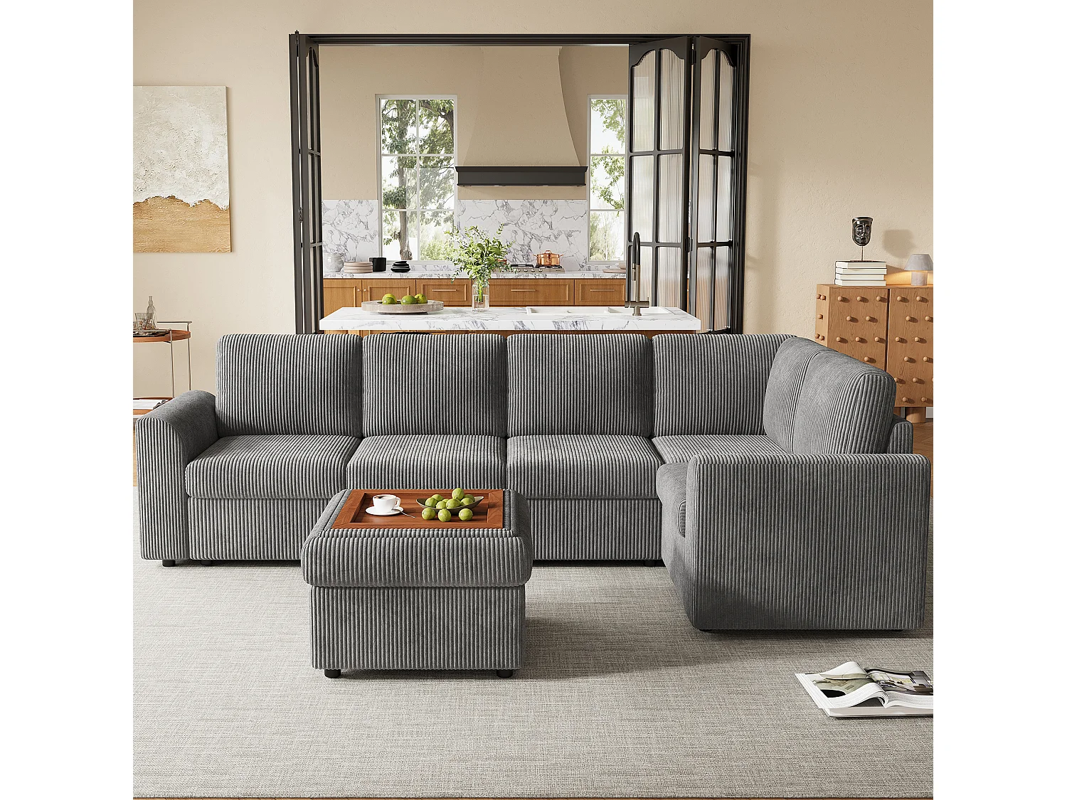 Canapé d'angle en chenille en forme de L - avec accoudoirs - avec 1 repose-pieds multifonctionnel portable - Gris