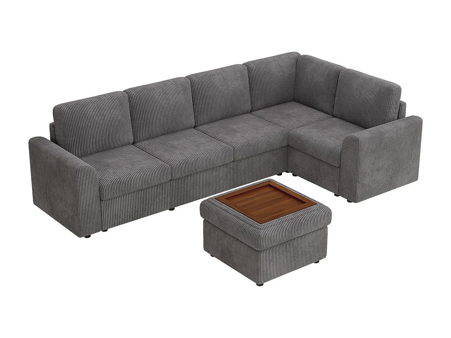 Canapé d'angle en chenille en forme de L - avec accoudoirs - avec 1 repose-pieds multifonctionnel portable - Gris