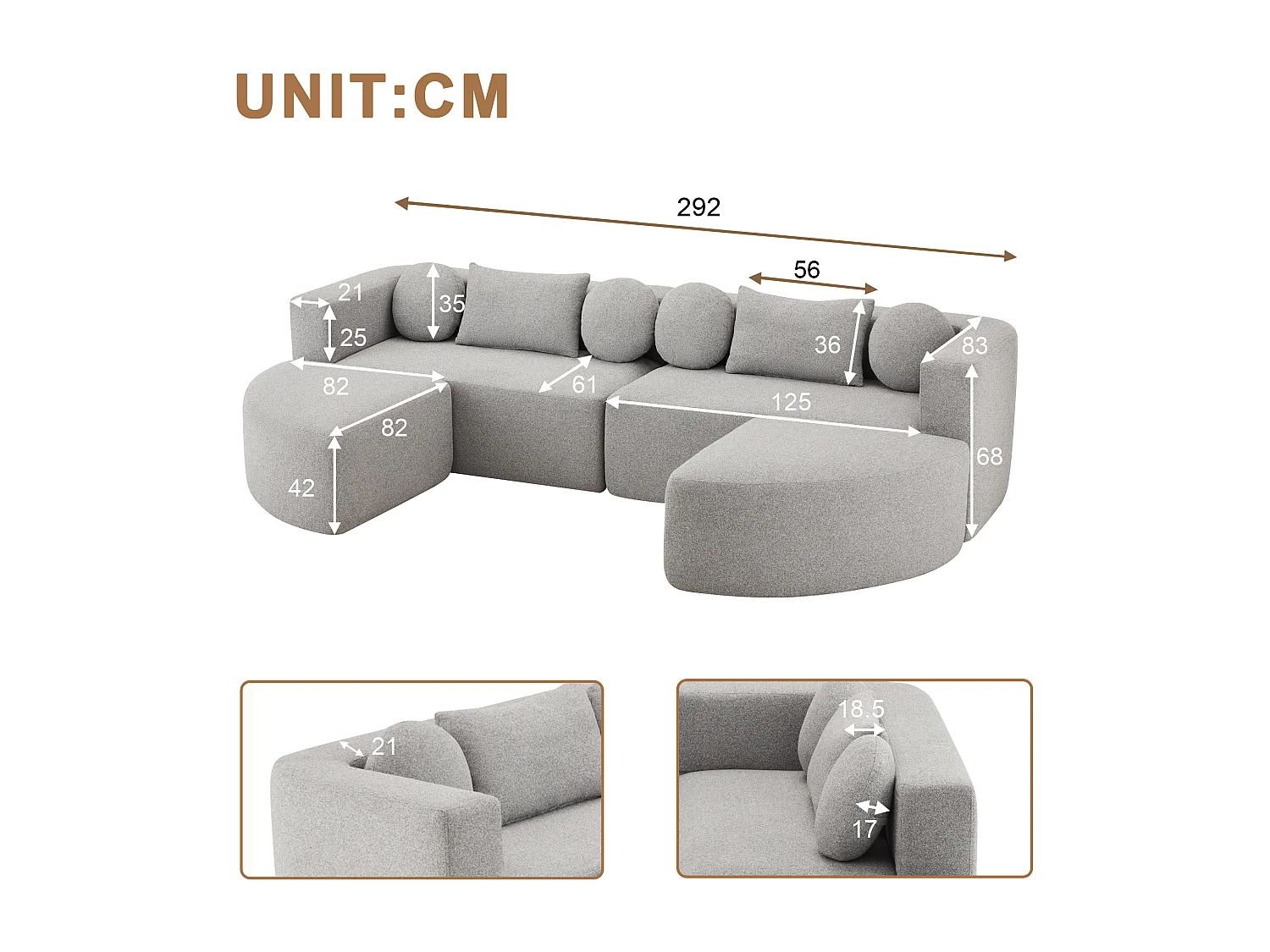 Canapé modulaire en chenille - avec fonction sommeil - aucun assemblage requis - forme transformable - Gris