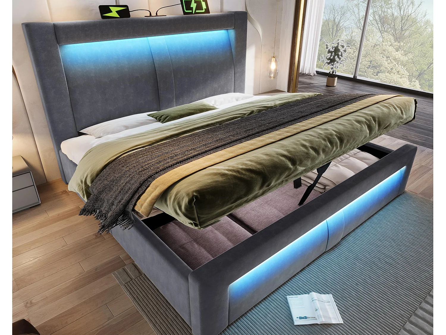 Lit coffre rembourré 140x200cm - avec éclairage LED - avec ports USB et Type-C - velours - Gris (sans matelas)