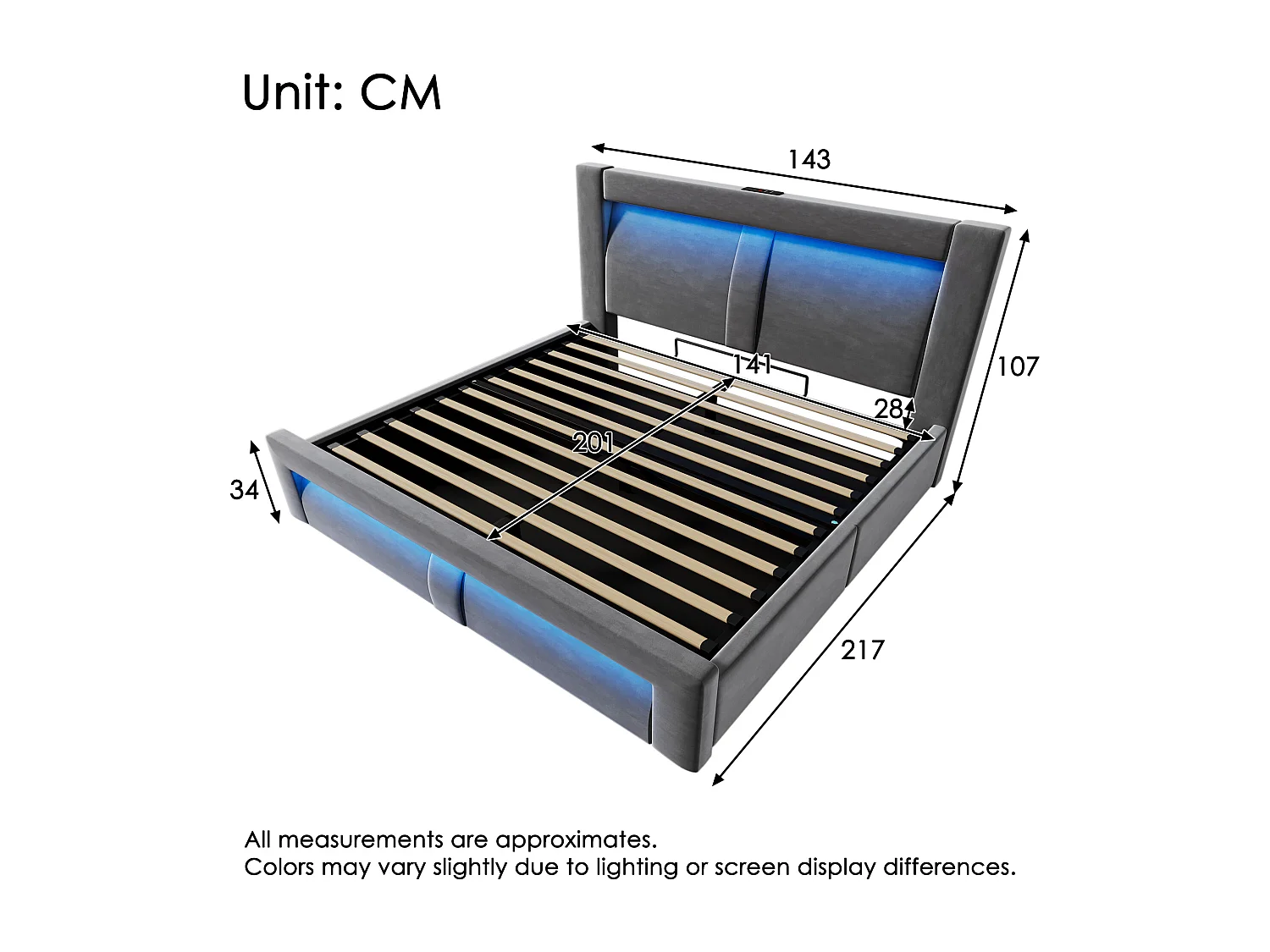 Lit coffre rembourré 140x200cm - avec éclairage LED - avec ports USB et Type-C - velours - Gris (sans matelas)