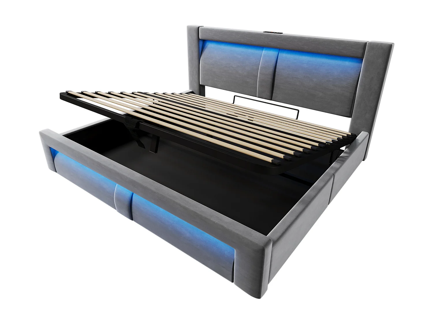 Lit coffre rembourré 140x200cm - avec éclairage LED - avec ports USB et Type-C - velours - Gris (sans matelas)