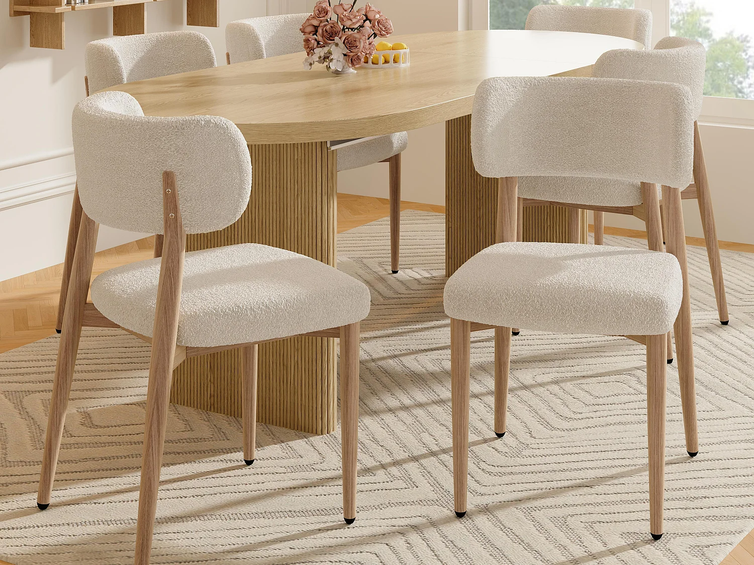 Satz mit 6 Metall-Stühlen - Holzoptik - Bouclé-Stoff beige - Weiches Sitzkissen - Natur